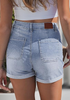 LookbookStore Modern Blue Women's High Waisted Stretch Denim Shorts with Patch Pockets Rolled Cuff Casual Summer Staple