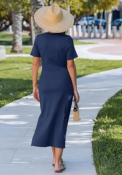LookbookStore Women's Navy Blue Summer Casual Long Tshirt Dress Short Sleeve Self Tie Side Split Beach Vacation Dress 2026