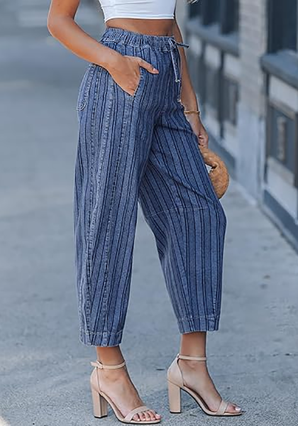 LookbookStore Women's Classic Blue Stripe Cropped Barrel Jeans High Waist Elastic Pull On Wide Leg Casual Stretch Denim Pants