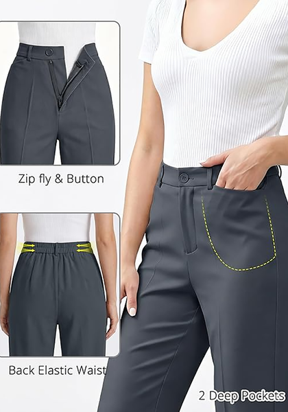 LookbookStore Women Dark Grey Ankle Straight Leg Dress Pants, Elastic Waist Business Casual Office Work Trousers with Pockets