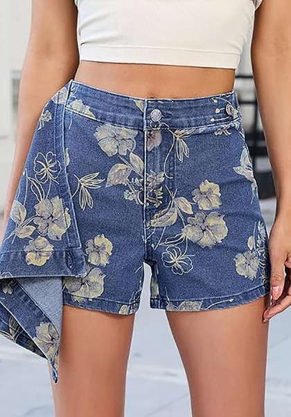 LookbookStore Women's Classic Wash-hibiscus Denim Skorts Trendy Floral Print Faux Wrap High Waisted Stretchy Elastic Waist Jean Skort