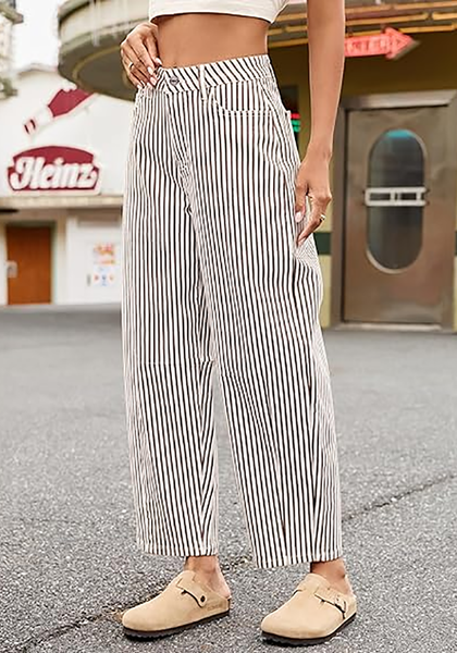 LookbookStore Women's Brown Trendy Barrel Jeans Baggy Wide Leg Pinstripe High Waisted Cropped Stretchy Denim Pants