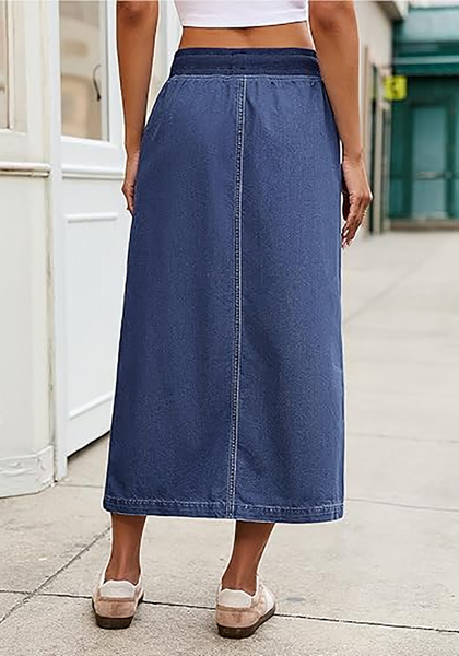 LookbookStore Women Darkness Blue High Waist Jean Midi Skirt Elastic Drawstring Denim Long Skirt with Pockets Front Split Design