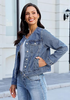 LookbookStore Women Medium Blue Denim Jacket Crew Neck Button Front Utility Pockets Relaxed Fit Casual Daily Wear Staple