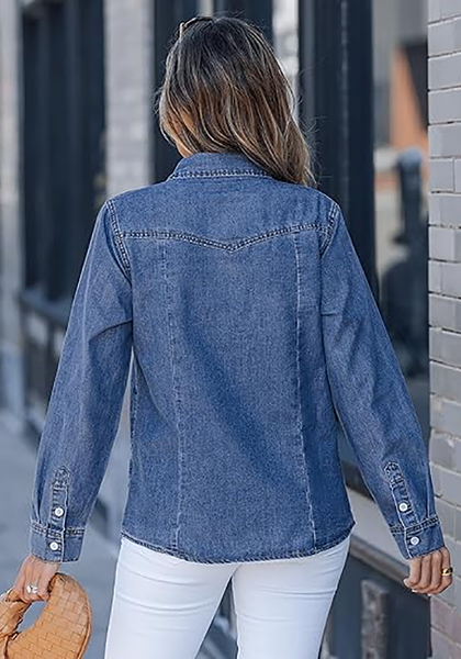 LookbookStore Women's Indigo Classic Blue Long Sleeve Button Down Denim Shirt Relaxed Fit Chambray Western Style Casual Collared Jean Top