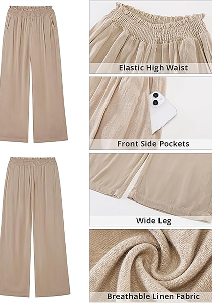 LookbookStore Women's Almond High Waisted Wide Leg Linen Pants Paper Bag Smocked Waist Casual Summer Beach Palazzo Pants