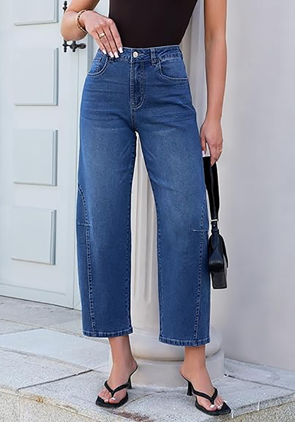 LookbookStore Women's Classic Blue High Waisted Baggy Barrel Jeans Cropped Wide Leg Casual Stretchy Denim Pants with Side Seam