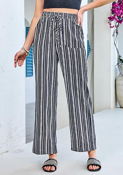 LookbookStore Navy Blue Stripe High Waisted Wide Leg Pants for Women Drawstring Waist Casual Comfort Pants