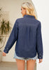 Indigo Dark Blue Denim Shirt For Women Button Front Blouse Broken-in  Business Casual Lightweight Long Shirt Sleeve