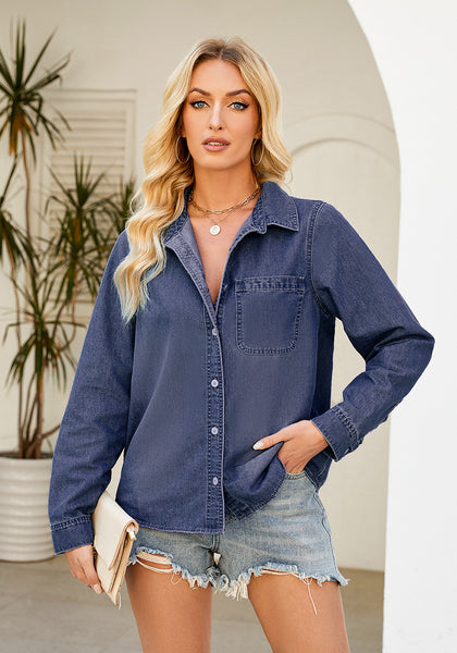 Indigo Dark Blue Denim Shirt For Women Button Front Blouse Broken-in  Business Casual Lightweight Long Shirt Sleeve