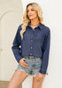 Indigo Dark Blue Denim Shirt For Women Button Front Blouse Broken-in  Business Casual Lightweight Long Shirt Sleeve