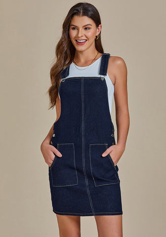 Midnight Blue Side Pockets Overall Denim Pinafore Dress