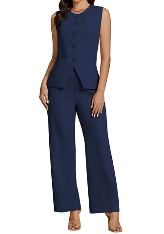 Navy Blue Women's Sleeveless Wide Leg Vest Blazer Pant Set