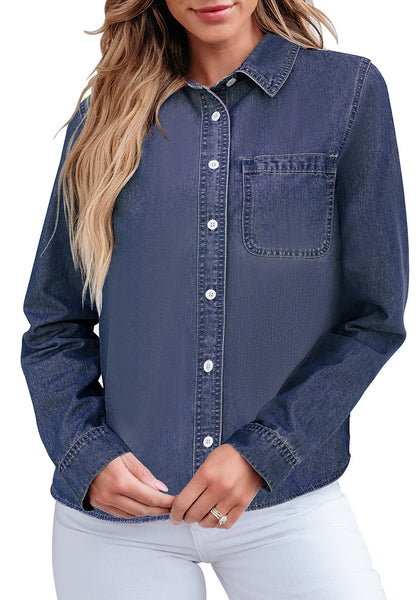 Indigo Dark Blue Denim Shirt For Women Button Front Blouse Broken-in  Business Casual Lightweight Long Shirt Sleeve