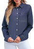 Indigo Dark Blue Denim Shirt For Women Button Front Blouse Broken-in  Business Casual Lightweight Long Shirt Sleeve