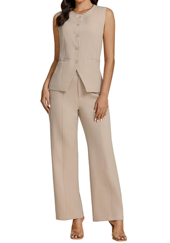 Beige Women's Sleeveless Wide Leg Vest Blazer Pant Set