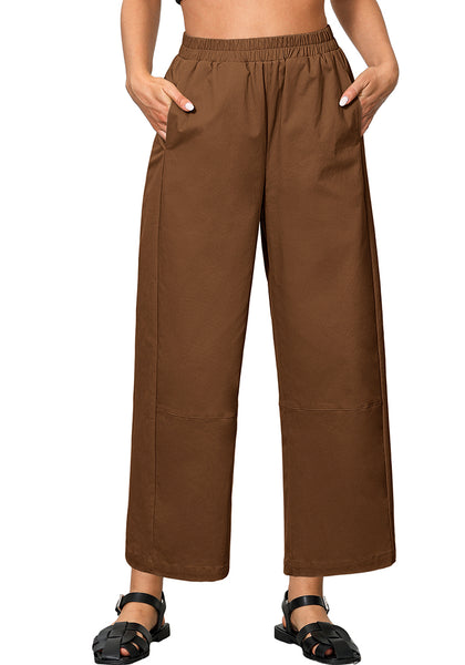 Brown Women Pant Full Length Elastic Waist Lounge barral side pocket