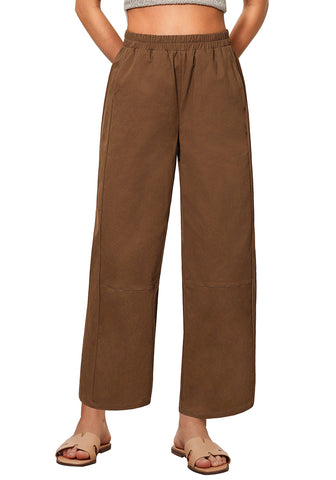 Brown Women Pant Full Length Elastic Waist Lounge barral side pocket