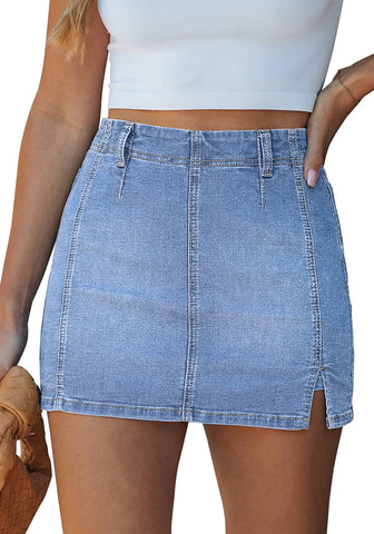 LookbookStore Women's Powder Blue High Waisted Side Slit Denim Skorts, Stretchy Mini Skirt with Shorts, Country Concert Style