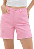 LookbookStore Women’s High Waisted Distressed Rose Pink Mid Thigh Denim Shorts Frayed Cut Off Stretchy Jorts