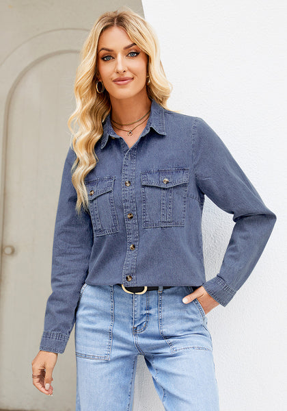 2025  Offshore Blue Denim Shirt For Women's Rugged Shirt Cotton Soft Two Pocket Button Front Long Sleeve Blouse Top