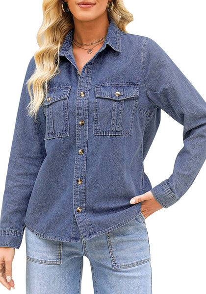 2025  Offshore Blue Denim Shirt For Women's Rugged Shirt Cotton Soft Two Pocket Button Front Long Sleeve Blouse Top