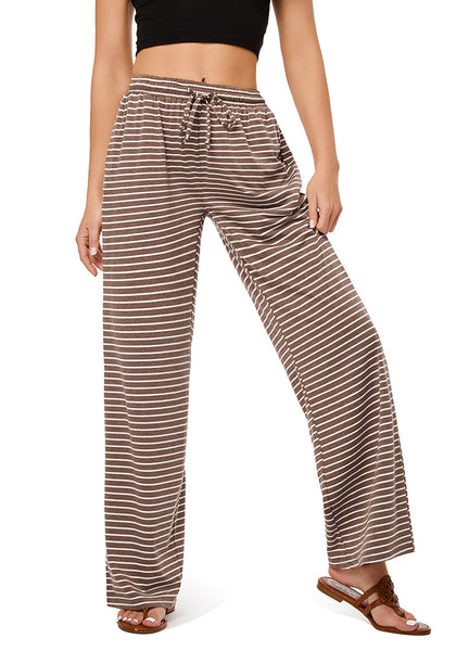 Brown & Rose Stripe Women's High Waisted Wide Leg Striped Trousers Baggy Breathable Drawstring Full Length Loose Pants