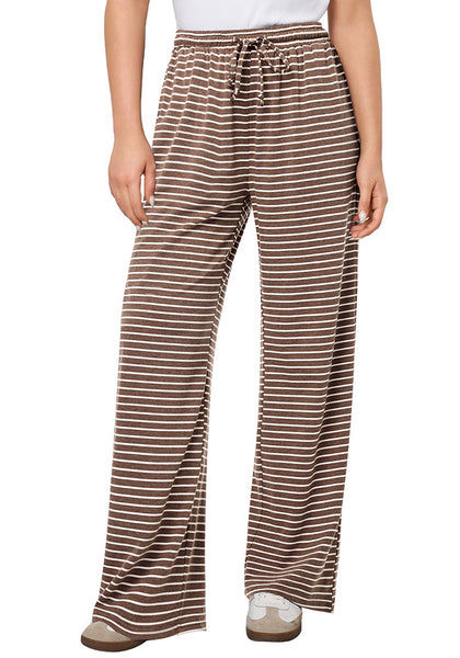 Brown & Rose Stripe Women's High Waisted Wide Leg Striped Trousers Baggy Breathable Drawstring Full Length Loose Pants