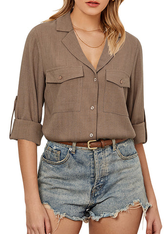 Coco Mocha Women's Button-Down Solid Color Tops Loose Long Sleeve Casual Work Blouses