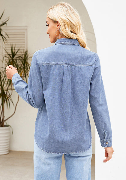 2025 Soft Sky Blue Denim Shirt For Women's Rugged Shirt Cotton Soft Two Pocket Button Front Long Sleeve Blouse Top