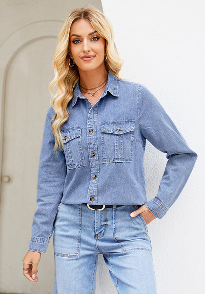 2025 Soft Sky Blue Denim Shirt For Women's Rugged Shirt Cotton Soft Two Pocket Button Front Long Sleeve Blouse Top