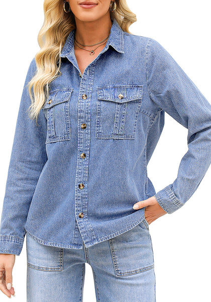 2025 Soft Sky Blue Denim Shirt For Women's Rugged Shirt Cotton Soft Two Pocket Button Front Long Sleeve Blouse Top