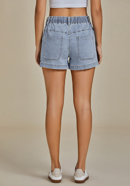 Roadknight Blue Women's Comfy Denim Drawstring Flat Front Jean Pocket Shorts Stretch Utility Styles