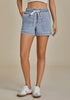 Roadknight Blue Women's Comfy Denim Drawstring Flat Front Jean Pocket Shorts Stretch Utility Styles