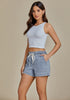 Roadknight Blue Women's Comfy Denim Drawstring Flat Front Jean Pocket Shorts Stretch Utility Styles