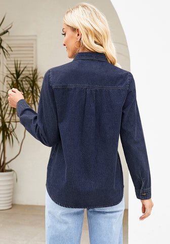 2025 Darkness Blue Denim Shirt For Women's Rugged Shirt Cotton Soft Two Pocket Button Front Long Sleeve Blouse Top