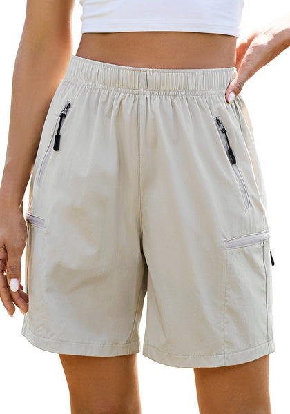 LookbookStore Women's Oatmeal Cargo Hiking Shorts Elastic Waist Pull On Lightweight Quick Dry 7 Inch Inseam Summer Outdoor Sport Golf Shorts