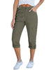 Army Green Women's High Wasited Cargo Pants Cuffed Hem Elastic Waist Capri Pants With Pockets