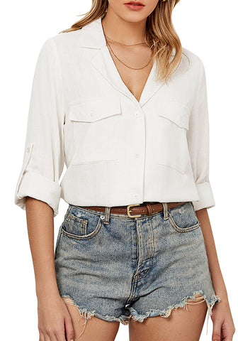 Cream White Women's Button-Down Solid Color Tops Loose Long Sleeve Casual Work Blouses