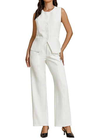 Cream White Women's Sleeveless Wide Leg Vest Blazer Pant Set