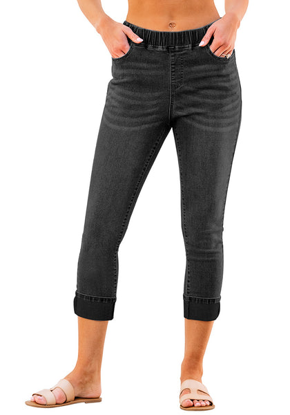 Washed Black Women's High Waisted Elastic Slight Stretch Denim Pull On Cuffed Hem Capri Jeans Denim Pants