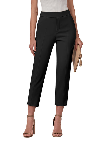 Black Women's High Waisted Back Elastic Waist Pull On Straight Leg Cropped Pants