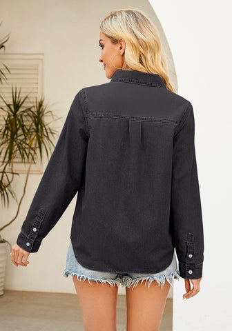 Vintage Black Denim Shirt For Women Button Front Blouse Broken-in  Business Casual Lightweight Long Shirt Sleeve