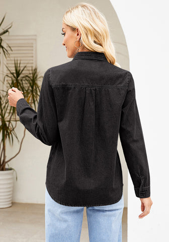 2025 Washed Black Denim Shirt For Women's Rugged Shirt Cotton Soft Two Pocket Button Front Long Sleeve Blouse Top