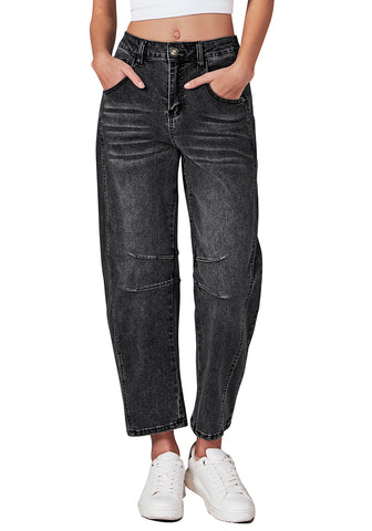 Faded Black Women's Cropped Denim High Waisted Jeans Pull On Straight Leg Stretch Barrel Jeans