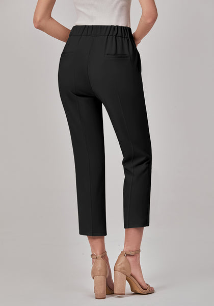 Black Women's High Waisted Back Elastic Waist Pull On Straight Leg Cropped Pants