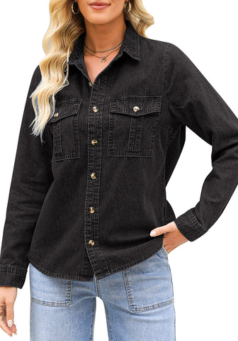 2025 Washed Black Denim Shirt For Women's Rugged Shirt Cotton Soft Two Pocket Button Front Long Sleeve Blouse Top