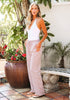 Rose Stripe Women's High Waisted Wide Leg Striped Trousers Baggy Breathable Drawstring Full Length Loose Pants