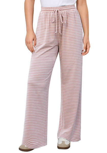Rose Stripe Women's High Waisted Wide Leg Striped Trousers Baggy Breathable Drawstring Full Length Loose Pants