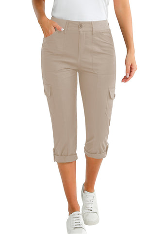 Safari Women's High Wasited Cargo Pants Cuffed Hem Elastic Waist Capri Pants With Pockets